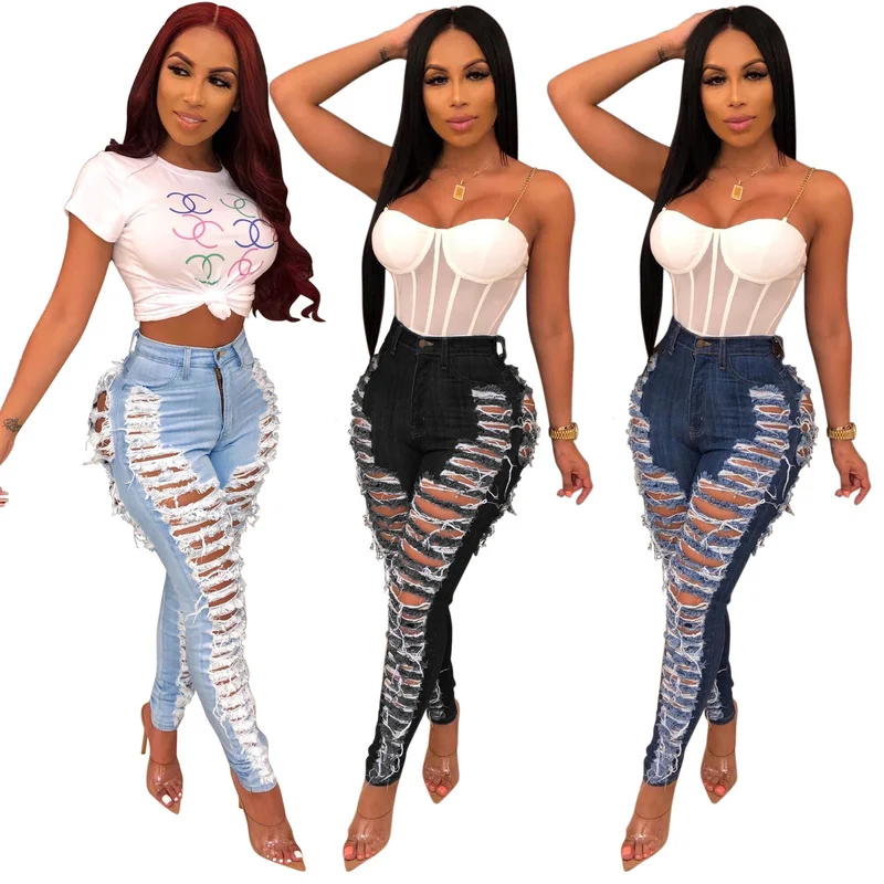 Wholesale sexy personalized hole washing slim fit elastic denim Leggings（CL9316） Chic Velvet Soft Leggings
