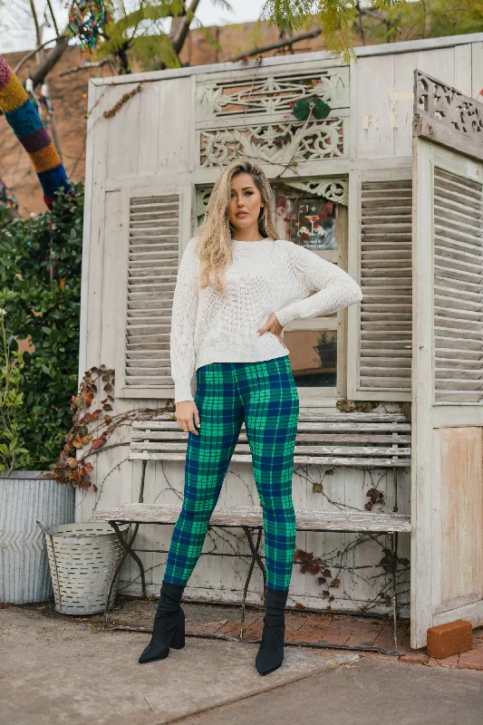 Dk Blue Green Plaid Design Leggings Fashionable Sports Compression Leggings