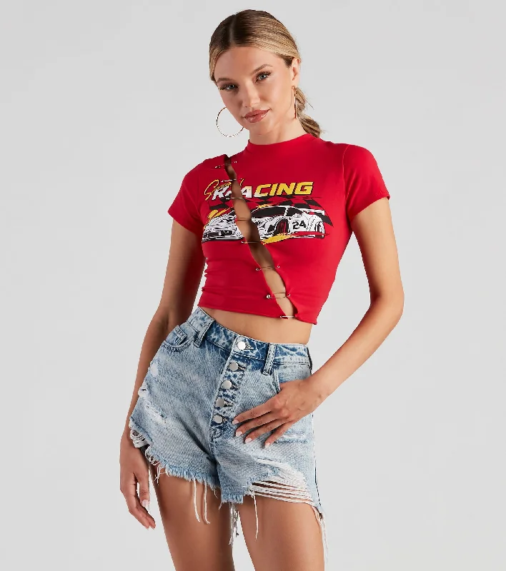 Speedster Racing Graphic Crop Top Spandex Blend Rayon Blend Denim Blend