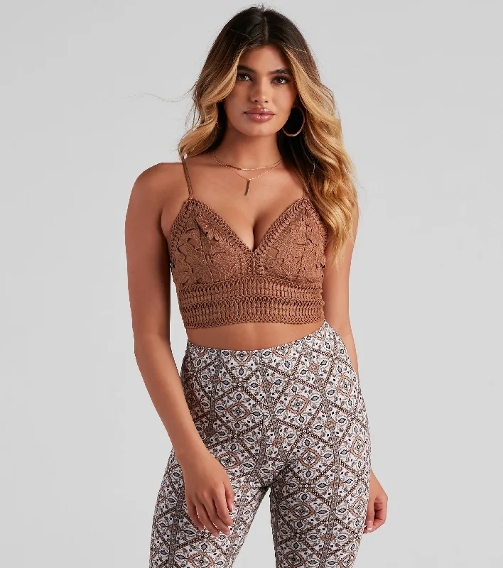 Boho Bliss Crochet Lace Crop Top Solid Color Striped Floral