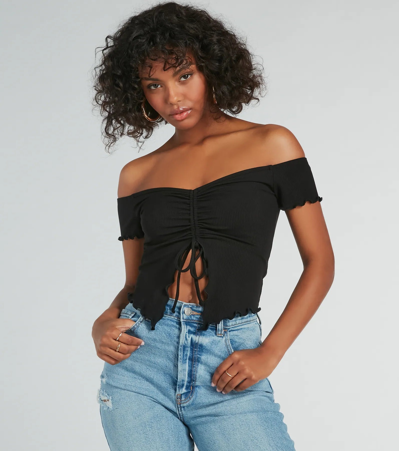 Heat Wave Off-The-Shoulder Crop Top Lace Blend Ribbed Blend Corduroy Blend
