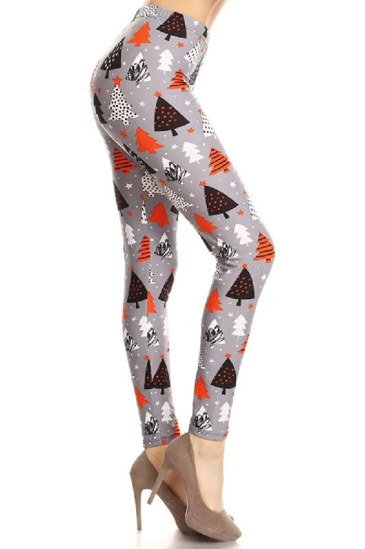 Grey Christmas Trees Design Leggings Trendy Flared Leggings