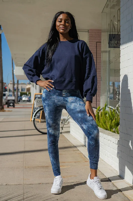 Deep Ocean Tie Dye Graphic Print Lined Leggings Stylish Stretch-Waist Leggings