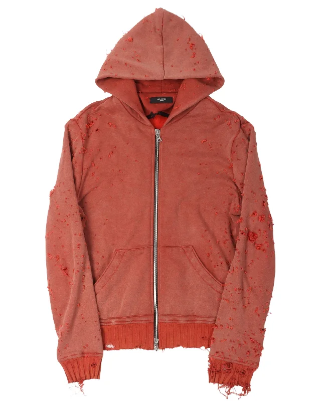 Distressed Zip Up Hoodie Hoodie with Hem Raw Edge Edgy Unfinished