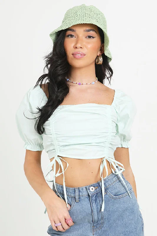 SHORT PUFF SLEEVE RUCHED SQUARE NECK CROP TOP Notch Collar Peter Pan Collar Cowl Neck SHORT PUFF SLEEVE RUCHED SQUARE NECK CROP TOP Notch Collar Peter Pan Collar Cowl Neck