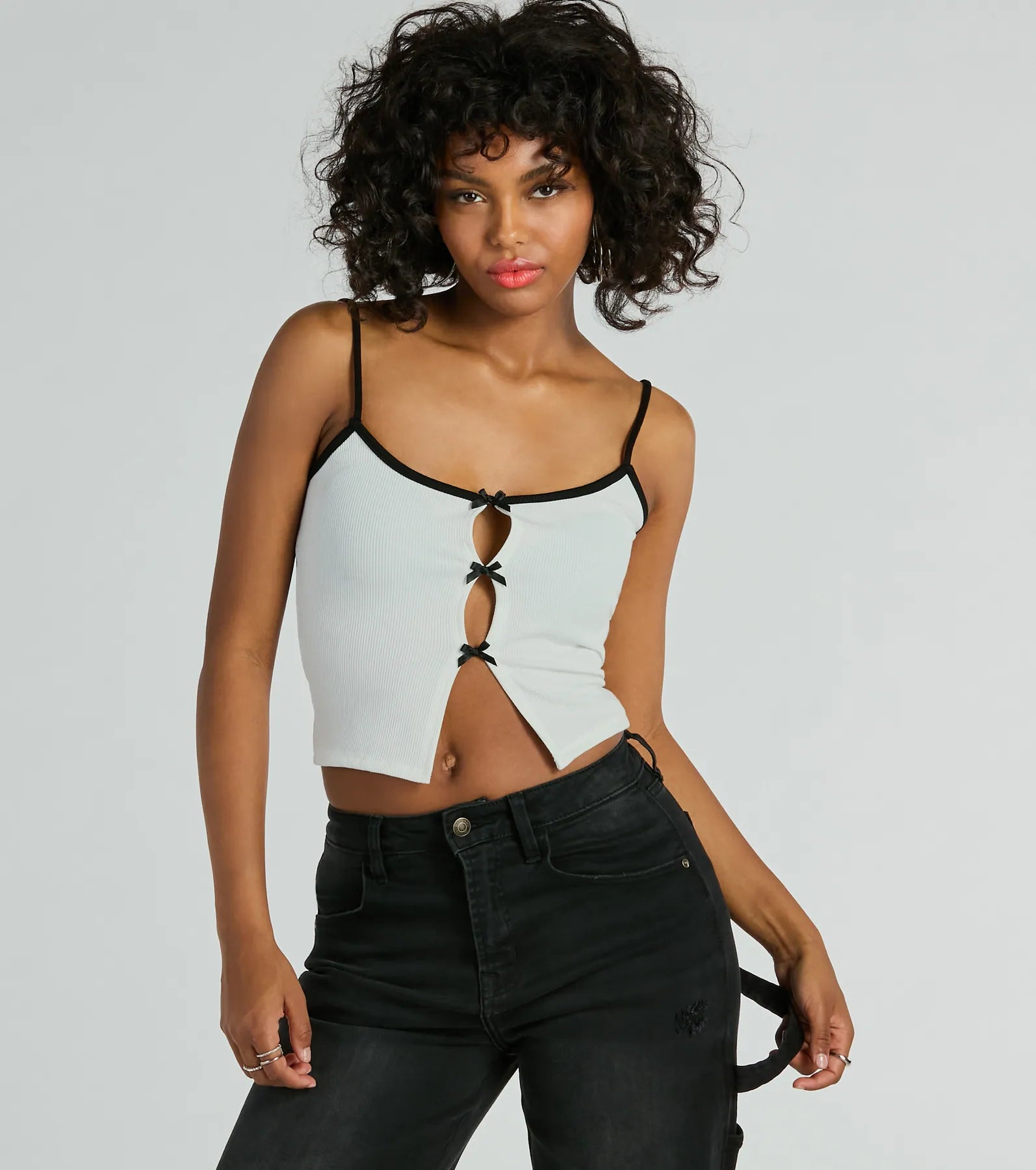 Feminine Flair Bow Cutout Crop Top Cashmere Blend Cotton Blend Poly Blend