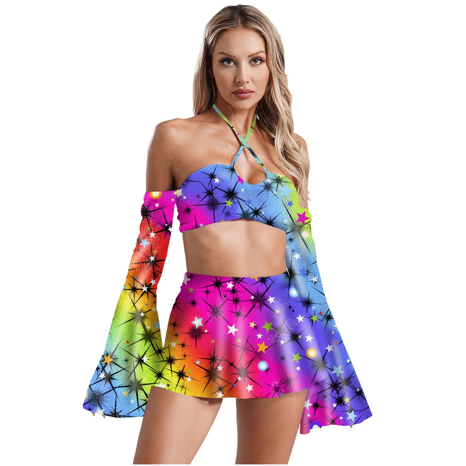 Cosmic Rainbow Flare Sleeve Crop Top and Skater Skirt Set Boxy Fit Fitted Loose