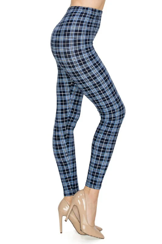 Blue Multi Plaid Leggings Trendy Foil Finish Leggings