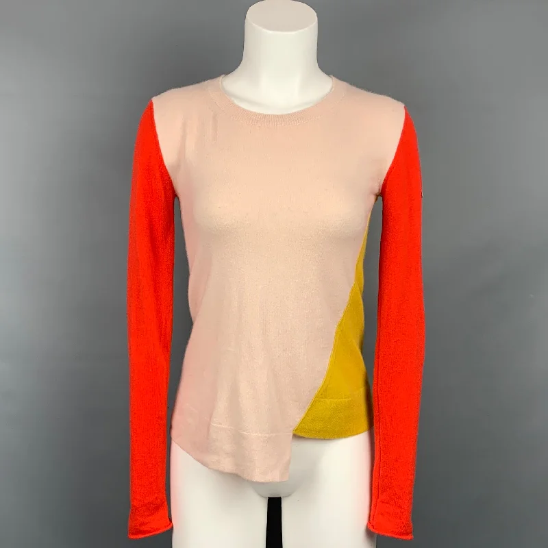 STELLA McCARTNEY Size 2 Orange & Yellow Color Block Cashmere Pullover Fitted Ribbed Sweater