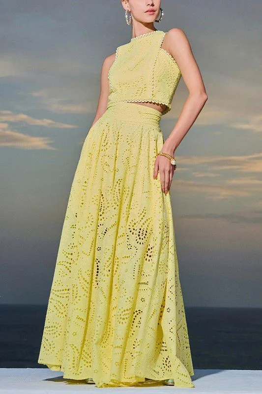Yellow lace crop top & maxi skirt set Ribbed Crop Top High Neck Heavyweight