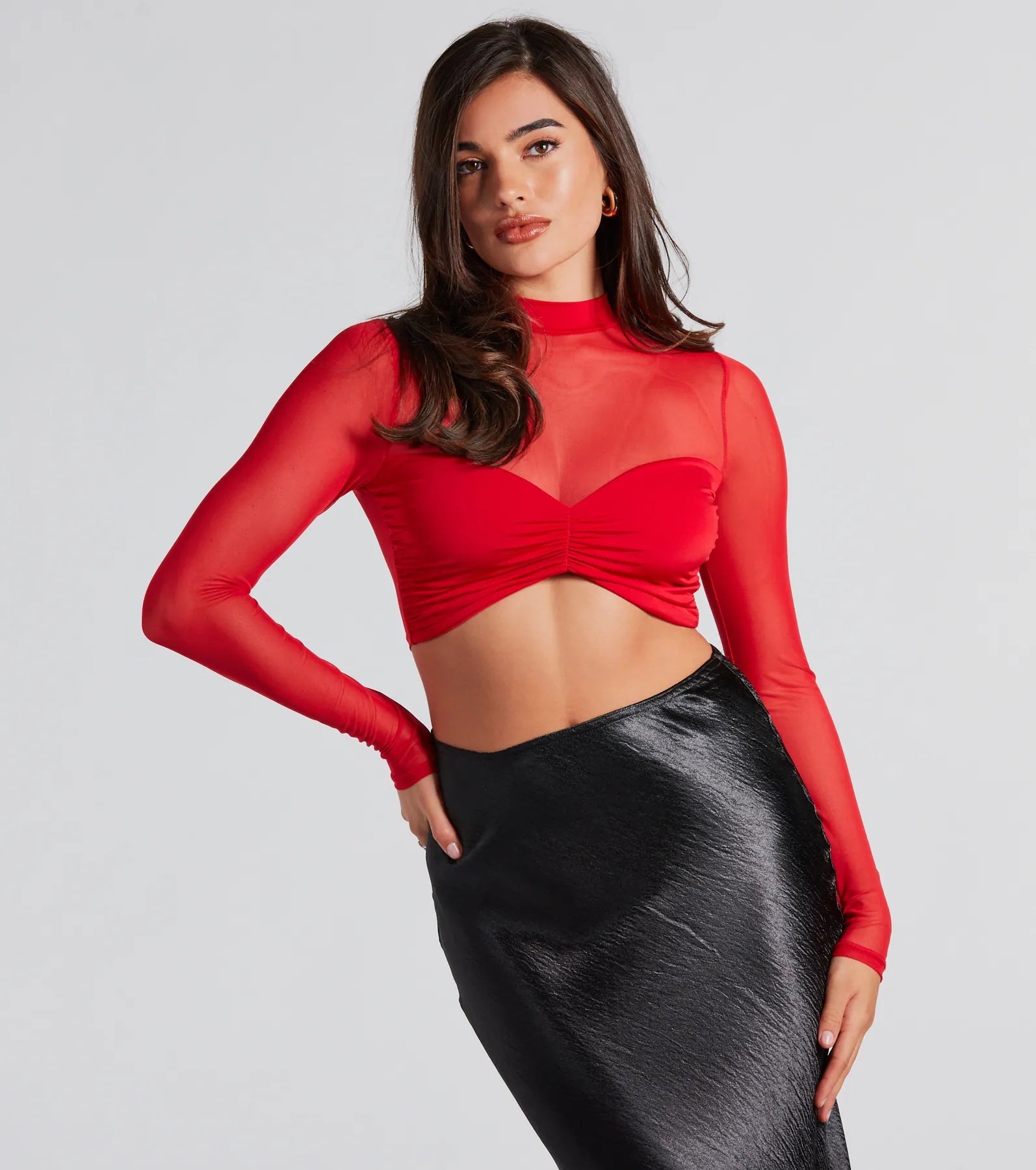 Sultry And Sheer Mesh Long Sleeve Crop Top Rayon Velvet Corduroy