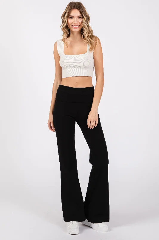 Black Flare Leg Fold Over Leggings Cozy Reflective Detail Leggings