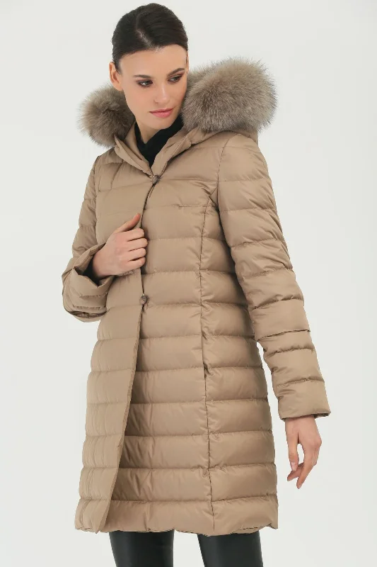 Camel Long Puffer Coat Striped Polka Dot Floral