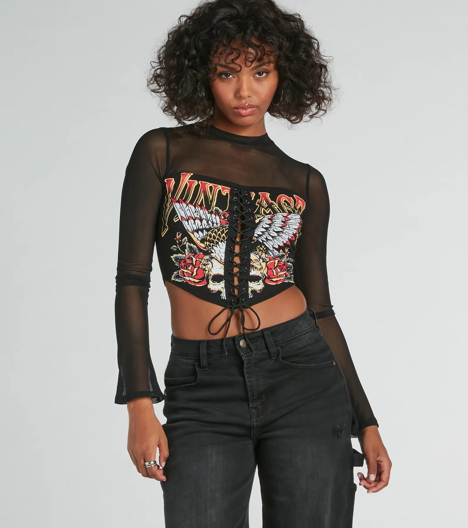 Vintage Lace-Up Mesh Graphic Crop Top Mesh Blend Leather Blend Suede Blend