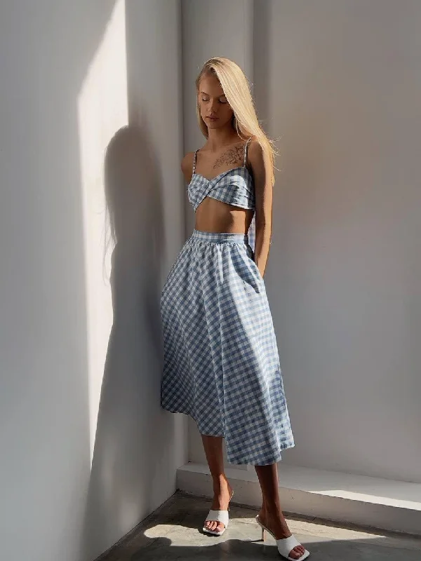 Blue Gingham Crop Top and Midi Skirt Set Rayon Fabric Velvet Fabric Corduroy Fabric