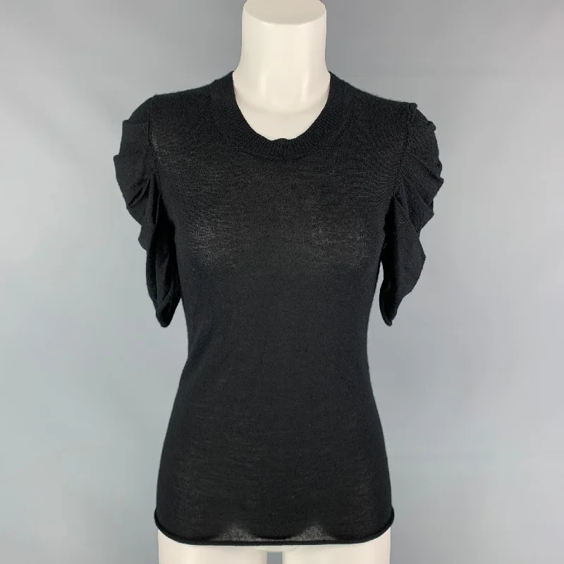 TSESAY Size S Black Cashmere Ruched Short Sleeves Pullover Mock Neck Pullover