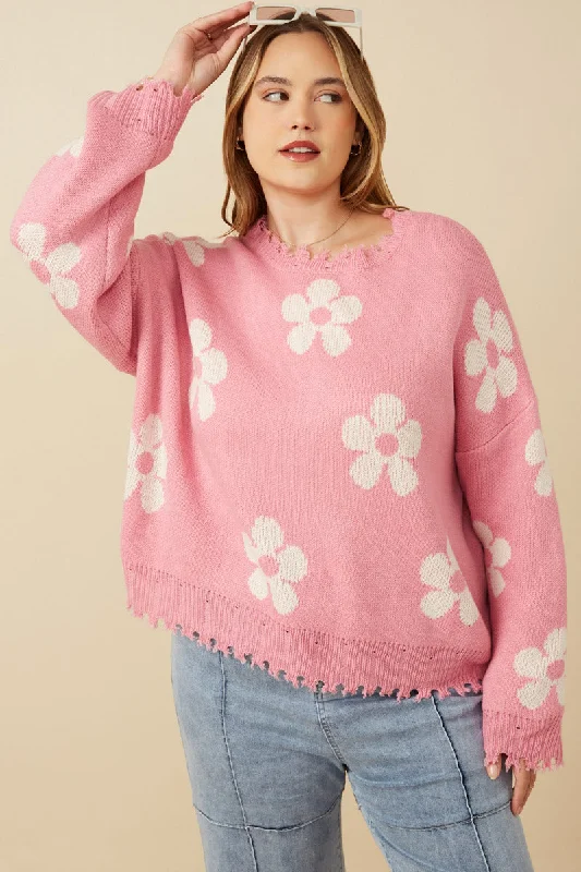 Distressed Floral Patterned Pullover Sweater Hooded Pullover Sweater