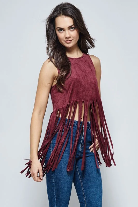Fringe Crop Top Collared Crew Neck Turtle Neck