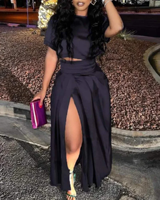 PLAIN CROP TOP HIGH SLIT PLEATED SKIRT SET Collared Crop Top Boat Neck A-Line