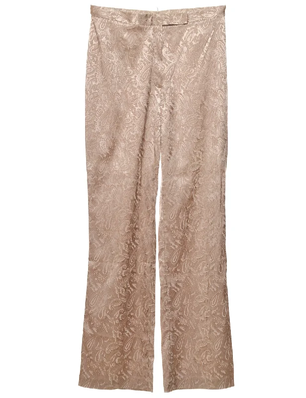 Beige Paisley Print Y2K Metallic Trousers - W28 L32 Trousers Culottes Wide Leg