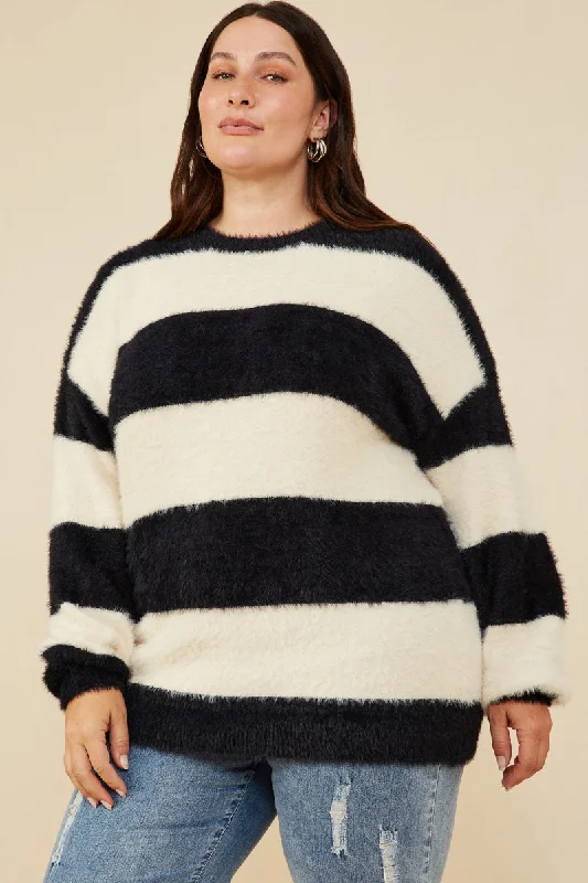 Fuzzy Striped Pullover Sweater Bolero Style Sweater