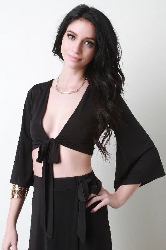 Tie-Front Bell Sleeves Crop Top Collared Crew Neck Turtle Neck