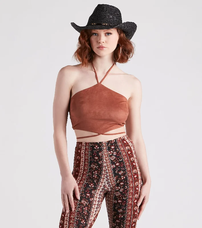 Western Flair Faux Suede Crop Top Front Pockets Side Pockets Patch Pockets