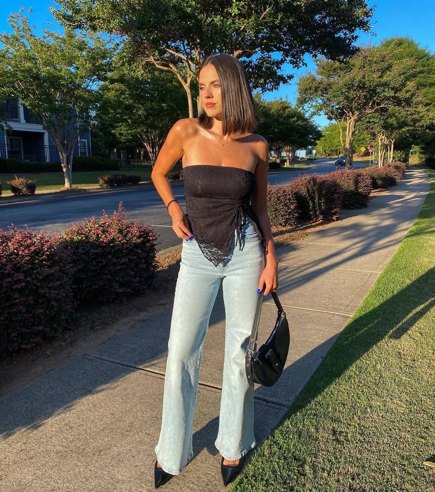Sheer Charm Strapless Lace Crop Top Houndstooth Herringbone Solid
