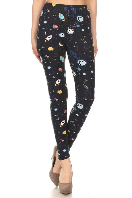 Space Man Graphic Print Lined Leggings Trendy Side-Pocket Leggings