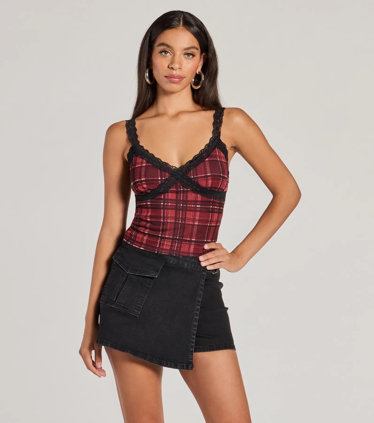 Check Me Out Lace Trim Plaid Crop Top Zippered Front Buttoned Front Snap Front