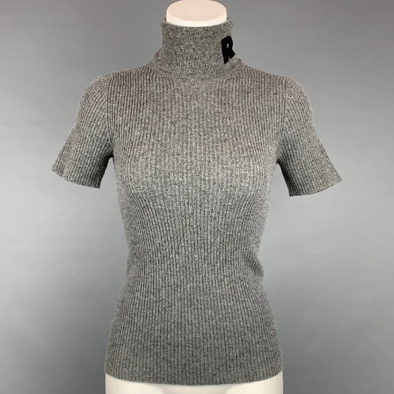 ROCHAS Size S Grey Ribbed Cashmere Turtleneck Short Sleeve Pullover Slit Sleeve Stylish ROCHAS Size S Grey Ribbed Cashmere Turtleneck Short Sleeve Pullover Slit Sleeve Stylish