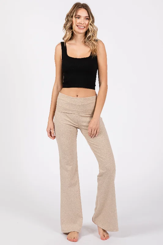 Beige Heathered Flare Leg Fold Over Leggings Trendy Polka Dot Leggings