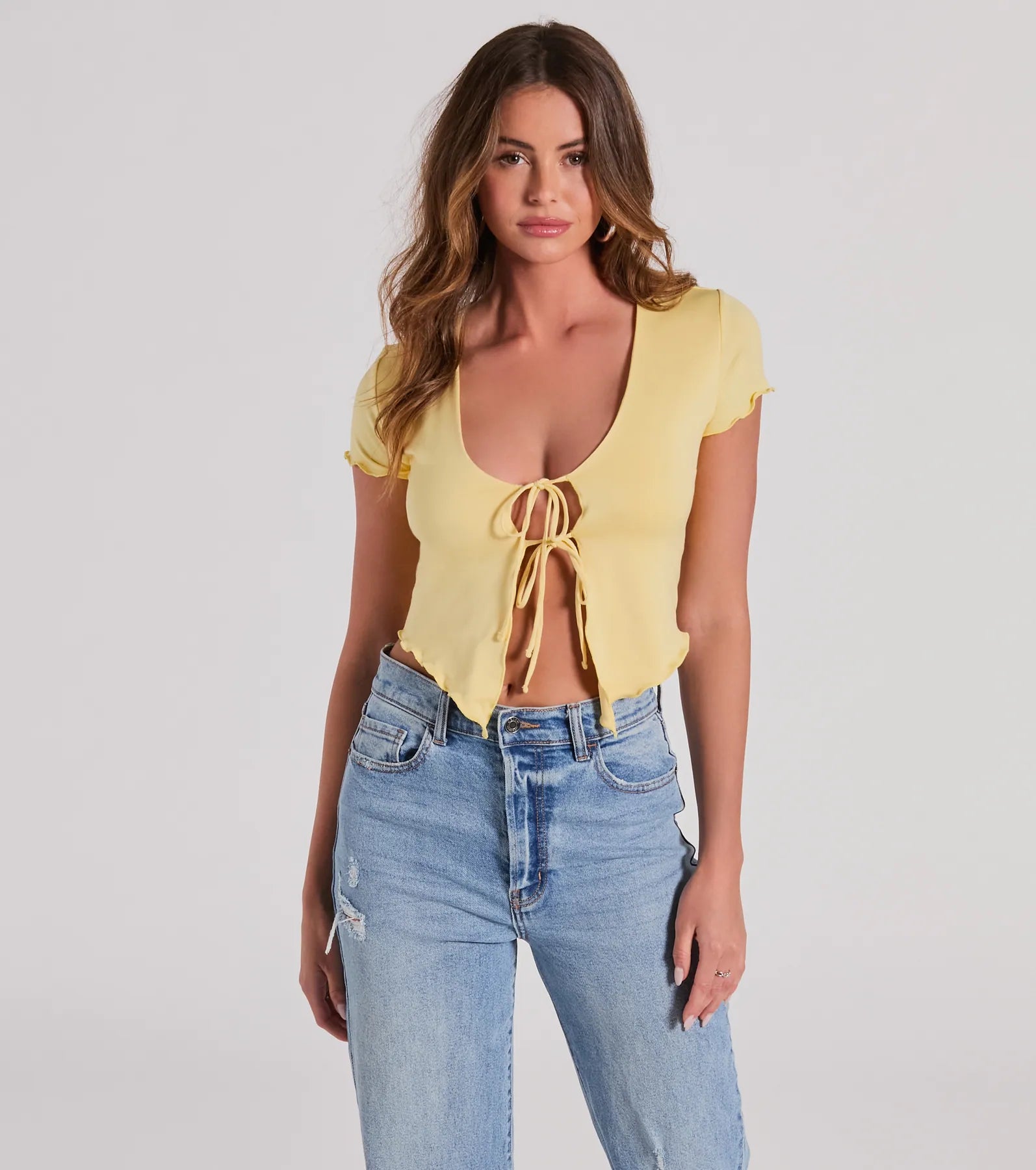 Somewhere Sweet Tie-Front Short Sleeve Crop Top Terry Blend Velvet Blend Canvas Blend