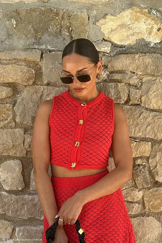 Lorenza Crochet Button Down Crop Top - Pomegranate Mesh Fabric Canvas Fabric Denim Fabric