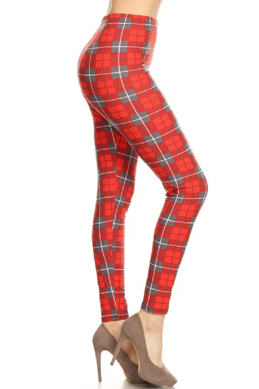 Red Grey Checkered Plaid Design Leggings Comfortable Slip-On Compression Leggings