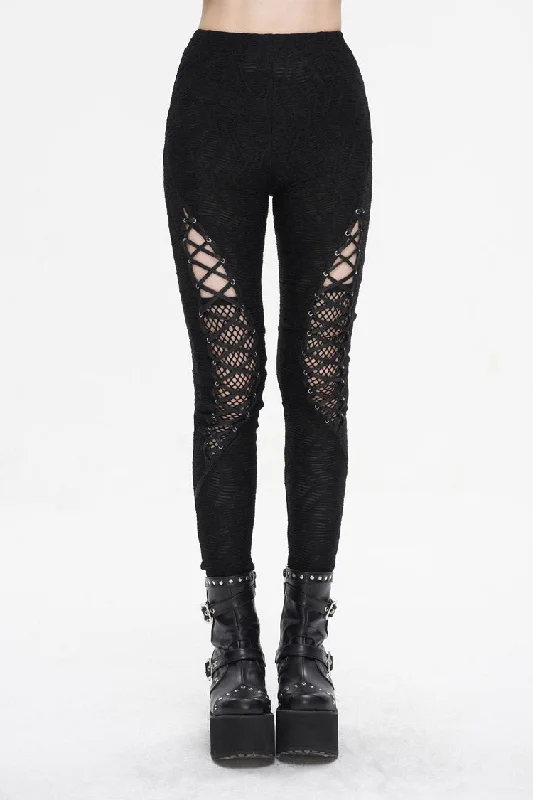 Black Strappy Mesh Splice Ruched Women's Punk Leggings Elegant Full-Body Leggings
