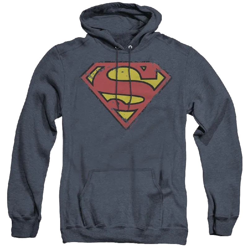 Superman Distressed Shield - Heather Pullover Hoodie Gathered Sleeve Pullover