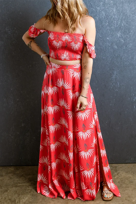 Blue Zone Planet | Red Floral Shirred Off Shoulder Crop Top And Slit Maxi Skirt Set Chenille Blend Fleece Blend Nylon Blend Blue Zone Planet | Red Floral Shirred Off Shoulder Crop Top And Slit Maxi Skirt Set Chenille Blend Fleece Blend Nylon Blend
