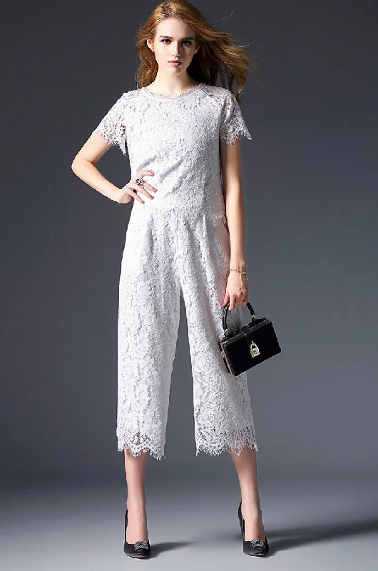 Lace Crop Top and Pants Zippered Front Buttoned Front Snap Front
