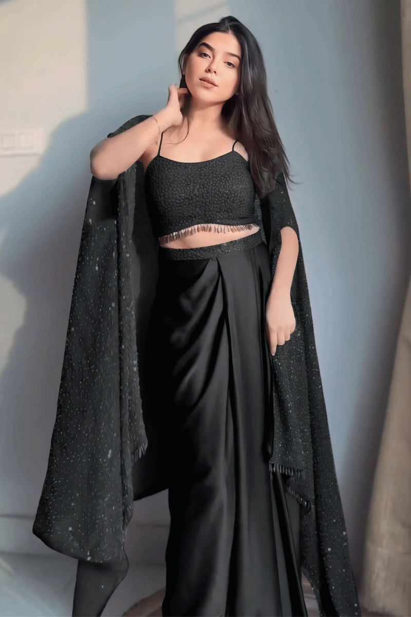 Designer Western Crop Top Lehenga For Party Function Beaded Sequined Faux Fur