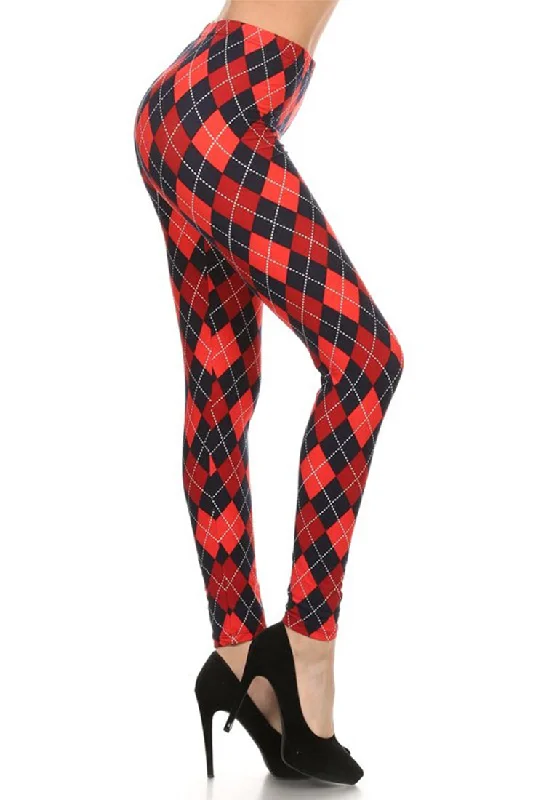Navy Red Argyle Design Leggings Fashionable Fitted Workout Leggings