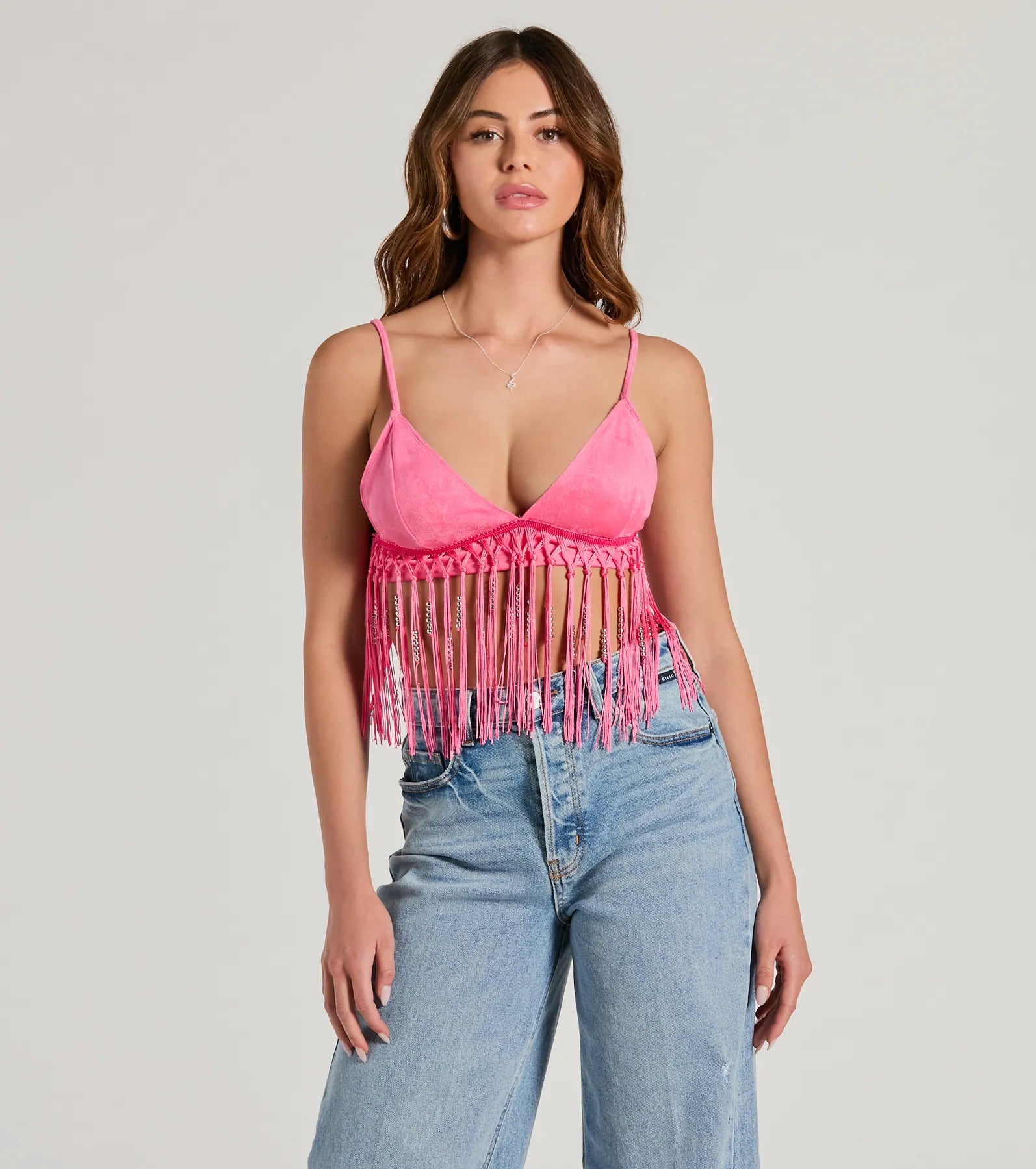 Fringed Out Triangle Fringe Beaded Crop Top Cozy Warm Stylish