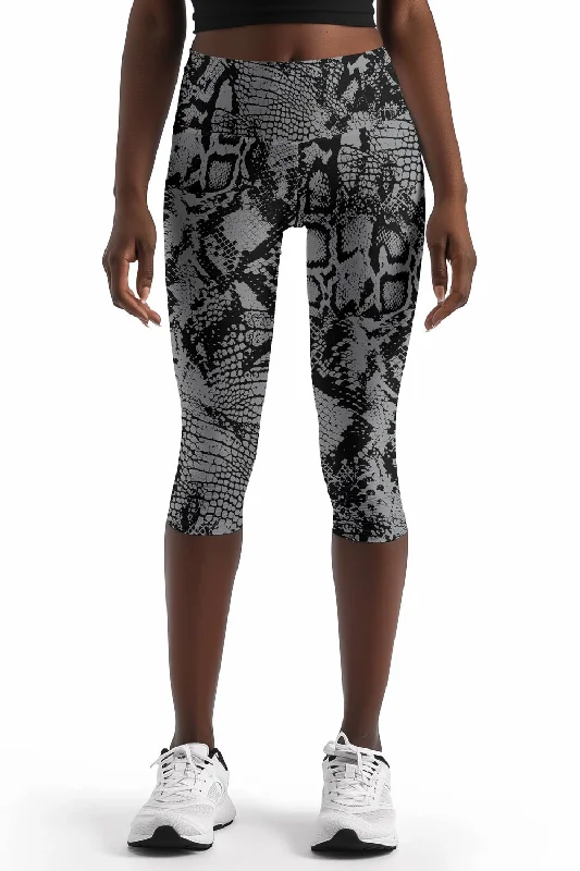 Aspire Ellie Grey Snake Skin Print Workout Yoga Capri Leggings - Women Chic Smooth Fit Leggings Aspire Ellie Grey Snake Skin Print Workout Yoga Capri Leggings - Women Chic Smooth Fit Leggings