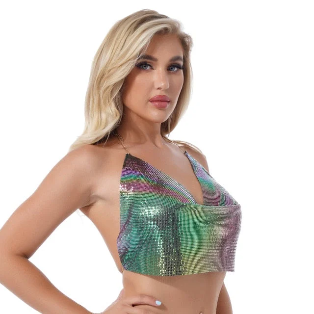 Sparkly Backless Crop Top Zippered Front Buttoned Front Snap Front