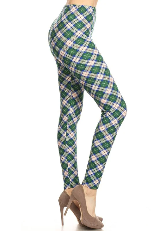 Blue Green Plaid Design Leggings Cozy Yoga Compression Leggings
