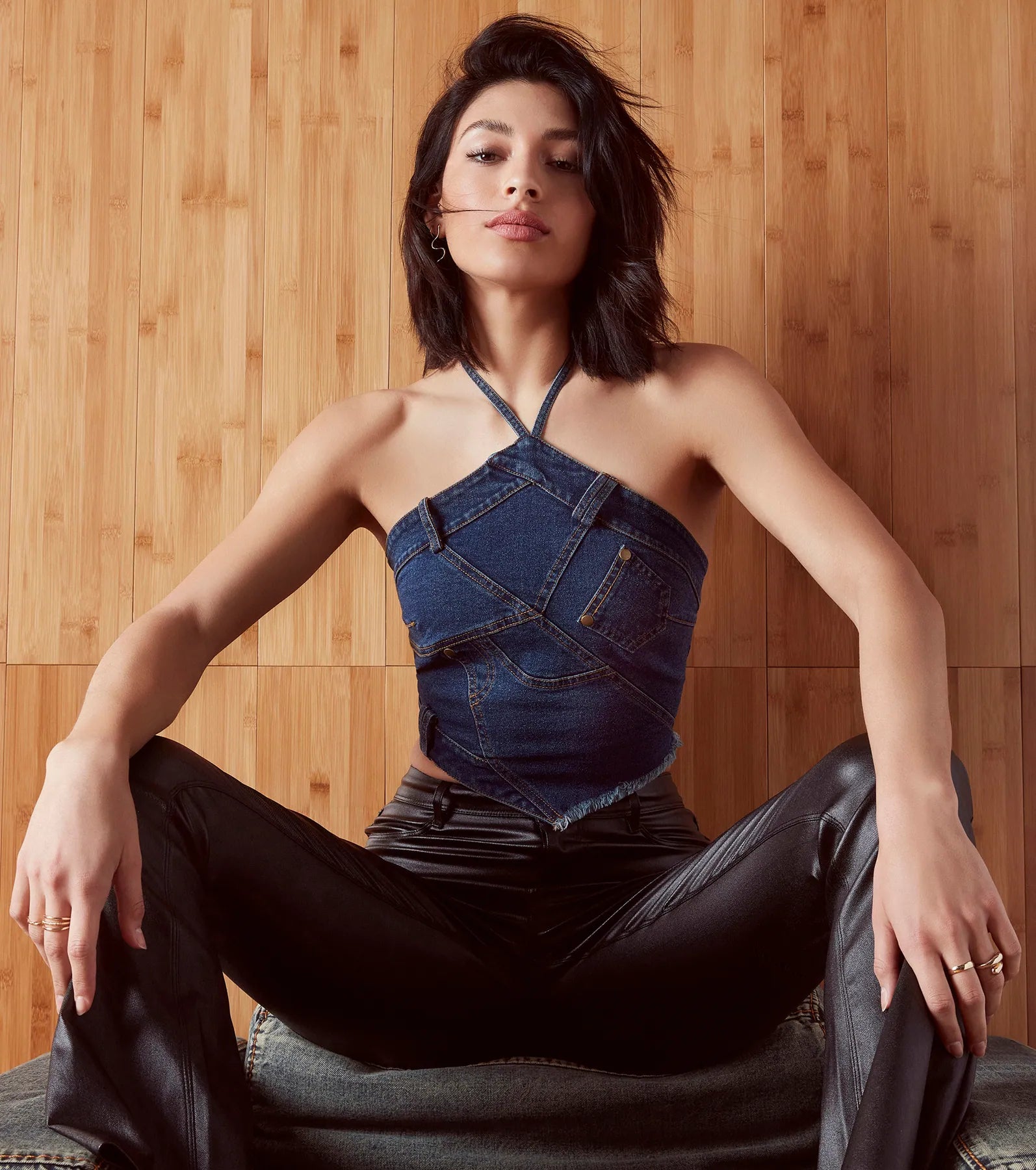 Givin' Looks Halter Patchwork Denim Crop Top Notch Collar Peter Pan Collar Cowl Neck
