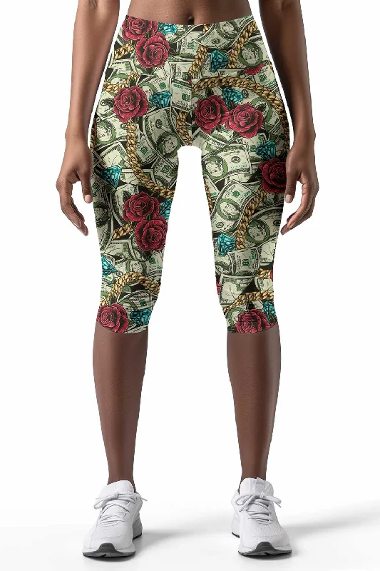 Money Magnet Ellie Green Dollar Rose Print Yoga Capri Leggings - Women Fashionable Solid Color Tights Money Magnet Ellie Green Dollar Rose Print Yoga Capri Leggings - Women Fashionable Solid Color Tights