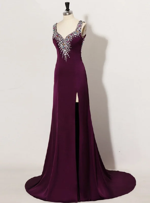 Advanced Sexy Backless Crop Top Rhinestone Long Purple Prom Dresses Elegant Classic Vintage