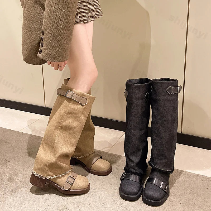 Lunivop Fashion Vintage Autumn Winter Soft Trouser Leg Boots Women Shoes Designer Buckle Chunky High Heels Slip on Knee High Boots Trousers Silk Elegant