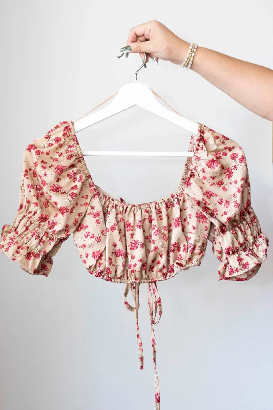 Floral Ruched Puff Sleeve Crop Top - VS Print Jacquard Patchwork